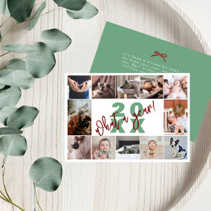 Modern Green Red 12 Photo Collage What A Year Holiday Card