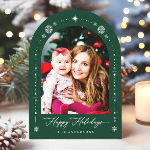 Modern Green Red Arch Photo Christmas Holiday Card