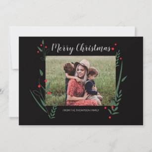 Modern Green Red Berry Leaves Family Photo Chri Holiday Card
