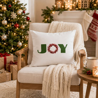 Modern Green & Red Minimalist Joy Christmas Wreath Decorative Cushion
