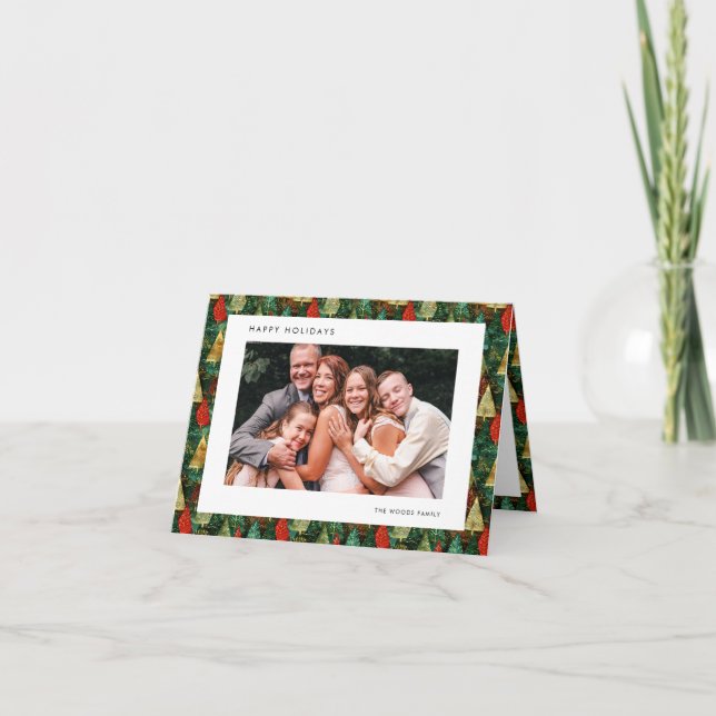 Modern Green & Red Pattern Family Photo Happy Holiday Card (Front)