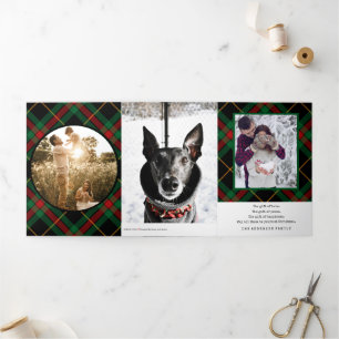 Modern Green Red Plaid Eight Photo  Tri-Fold Holiday Card