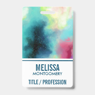 Modern Green & Red Space Nebula Watercolor ID Badge