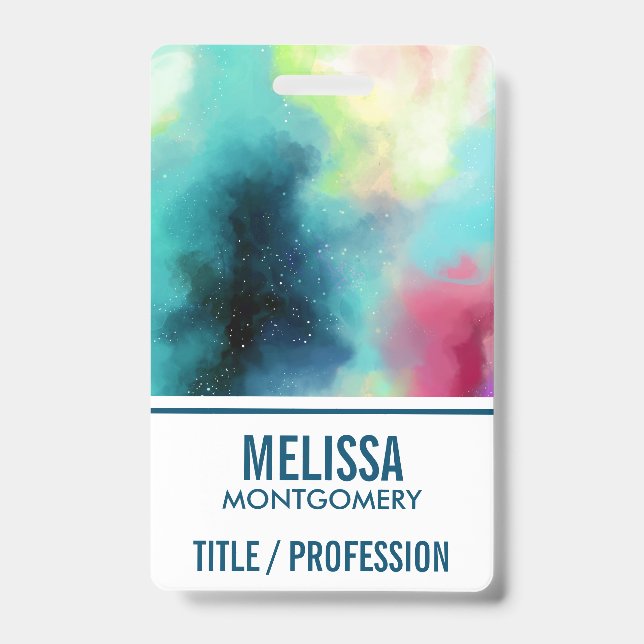 Modern Green & Red Space Nebula Watercolor ID Badge (Front)
