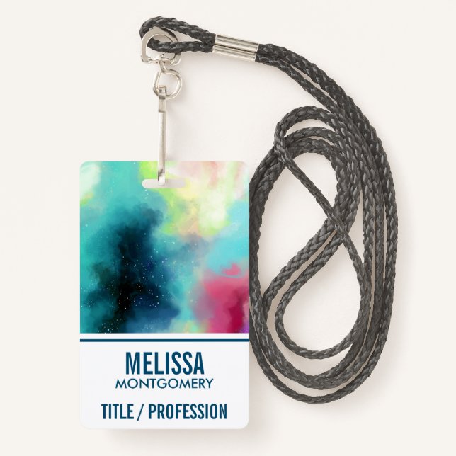 Modern Green & Red Space Nebula Watercolor ID Badge (Front with Lanyard)