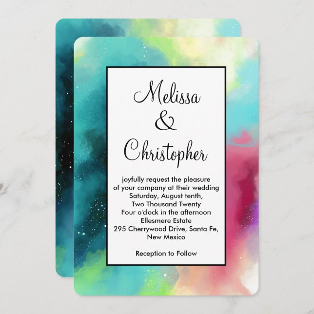 Modern Green & Red Space Nebula Watercolor Invitation (Front/Back)