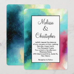 Modern Green & Red Space Nebula Watercolor Invitation