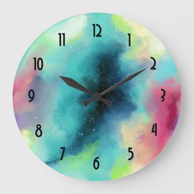 Modern Green & Red Space Nebula Watercolor Large Clock (Front)