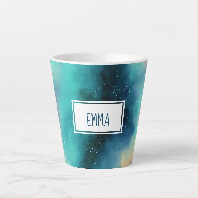 Modern Green & Red Space Nebula Watercolor Latte Mug (Front)