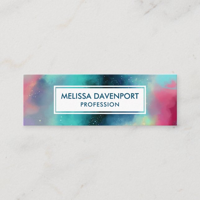 Modern Green & Red Space Nebula Watercolor Mini Business Card (Front)