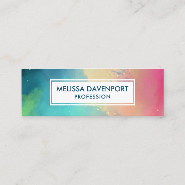 Modern Green & Red Space Nebula Watercolor Mini Business Card (Front)