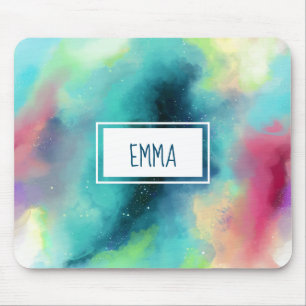 Modern Green & Red Space Nebula Watercolor Mouse Mat