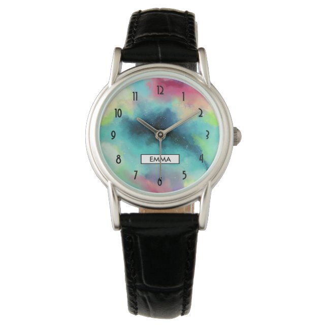 Modern Green & Red Space Nebula Watercolor Watch (Front)