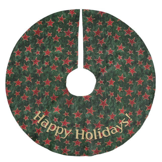 Modern Green Red Stars Pattern Personalise Message Brushed Polyester Tree Skirt (Front)