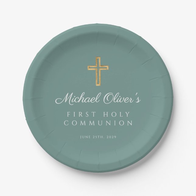 Modern Green Religious Cross First Communion Paper Plate (Front)
