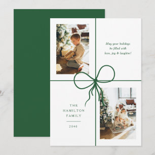Modern Green Ribbon Bow Wrap 2 Photo Christmas Holiday Card
