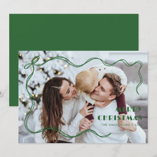 Modern Green Ribbon Family Photo Merry Christmas Holiday Card