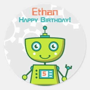 Modern Green Robot Boys Birthday Party Classic Round Sticker