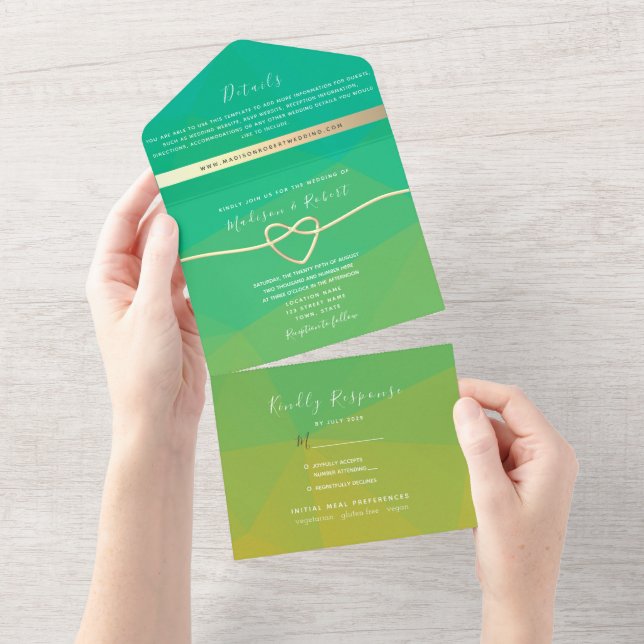 Modern Green Rope Heart Wedding All In One Invitation (Tearaway)