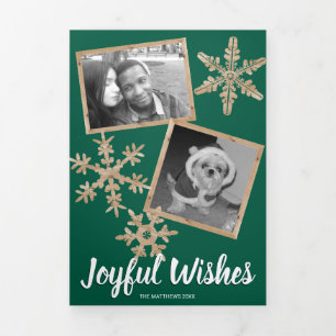 Modern Green Rustic Snowflake Collage 5 Photo Tri-Fold Holiday Card