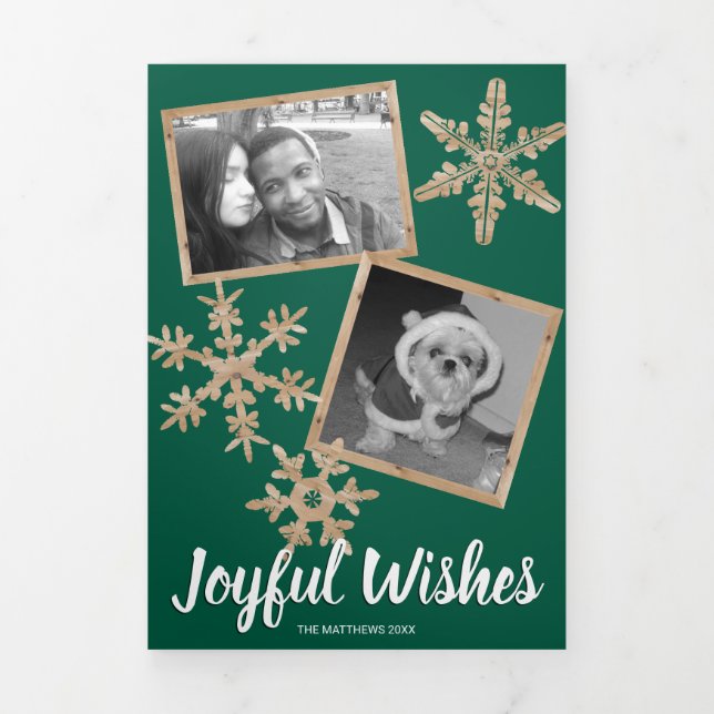 Modern Green Rustic Snowflake Collage 5 Photo Tri-Fold Holiday Card (Cover)