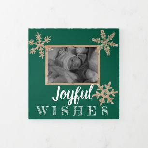 Modern Green Rustic Snowflake Festive 3 Photo Tri-Fold Holiday Card