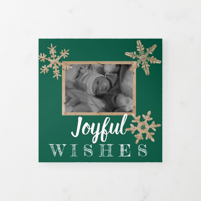 Modern Green Rustic Snowflake Festive 3 Photo Tri-Fold Holiday Card (Cover)