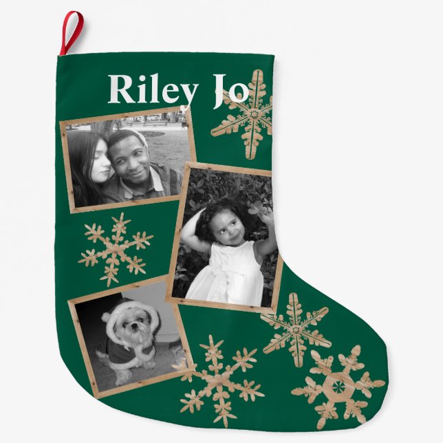 Modern Green Rustic Snowflake Optional Name Large Christmas Stocking (Front)