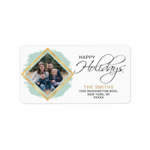 Modern Green Sage Gold Foil Happy Holidays PHOTO Label