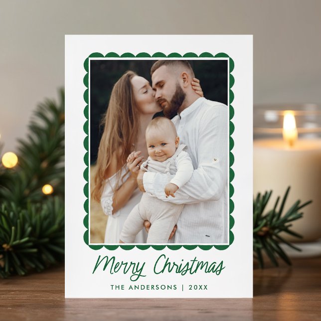 Modern Green Scalloped Frame 2 Photo Holiday Card (Creator Uploaded)