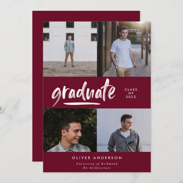 Modern green script 4 photo burgundy graduation invitation (Front/Back)