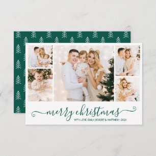 Modern Green Script 5 Photo Collage Christmas Card