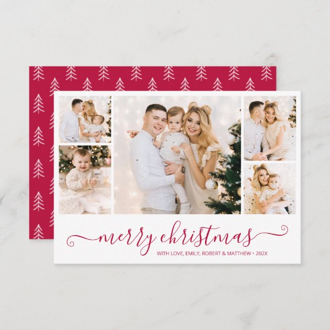 Modern Green Script 5 Photo Collage Christmas Card (Front/Back)