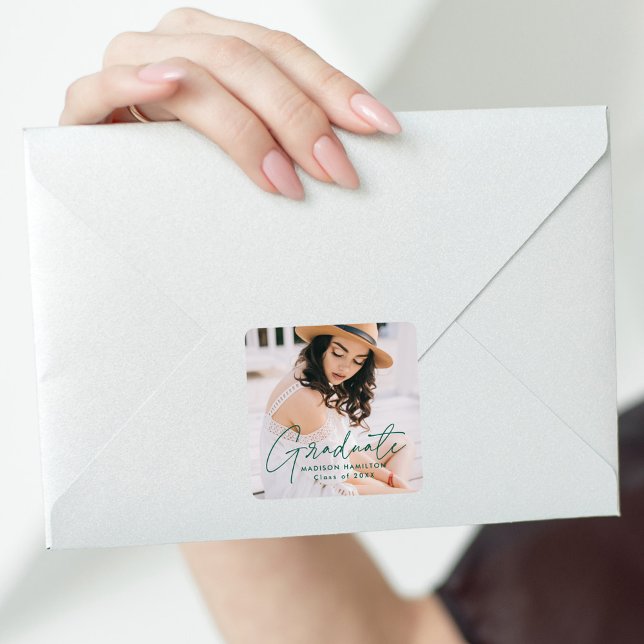 Modern Green Script Graduation Photo Square Sticker (Creator Uploaded)