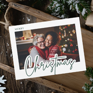 Modern Green Script Merry Christmas Photo  Postcard