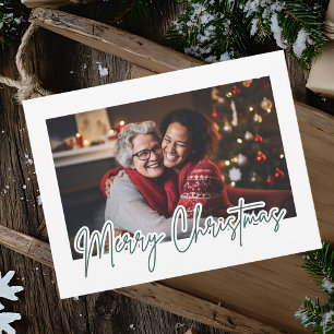 Modern Green Script Merry Christmas Photo Postcard