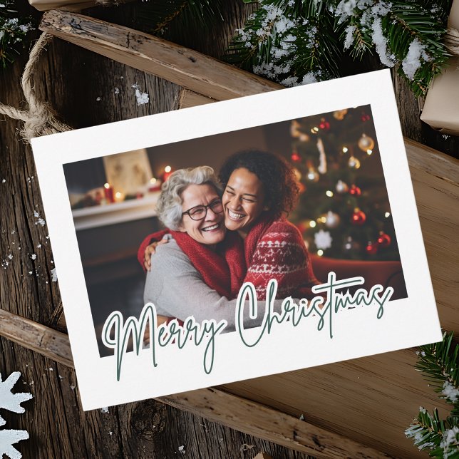 Modern Green Script Merry Christmas Photo  Postcard (Creator Uploaded)