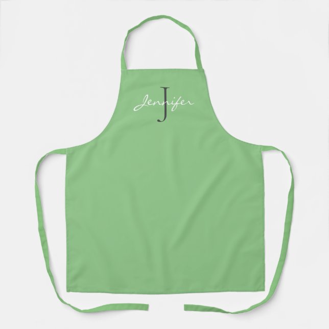Modern Green Script Monogram Name Personalised Apron (Front)