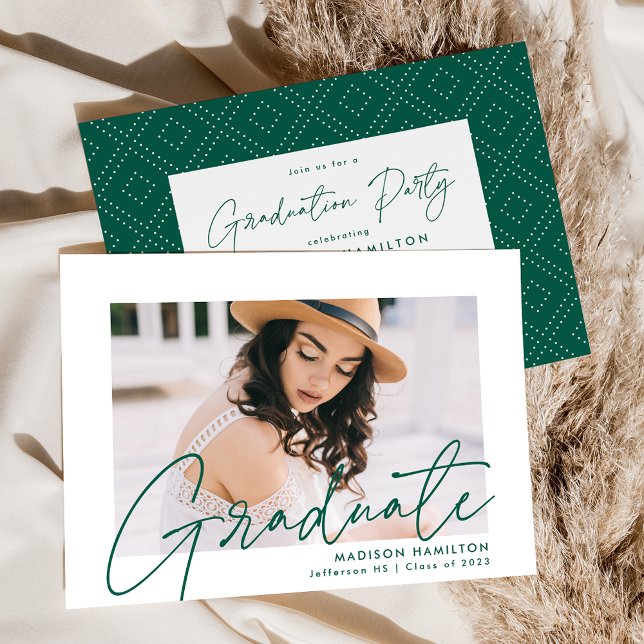 Modern Green Script Photo Graduation Party Invitation (Creator Uploaded)