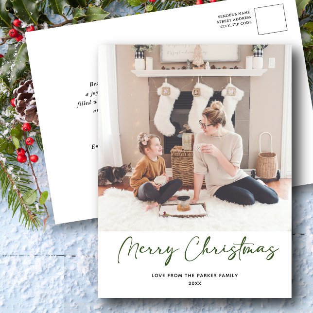 Modern Green Script Photo Minimalist Christmas Hol Holiday Postcard (Creator Uploaded)