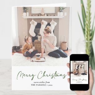 Modern Green Script Photo Minimalist Christmas Holiday Card