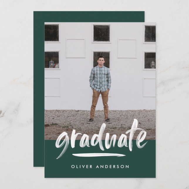 Modern green script photo stylish graduation invit invitation (Front/Back)