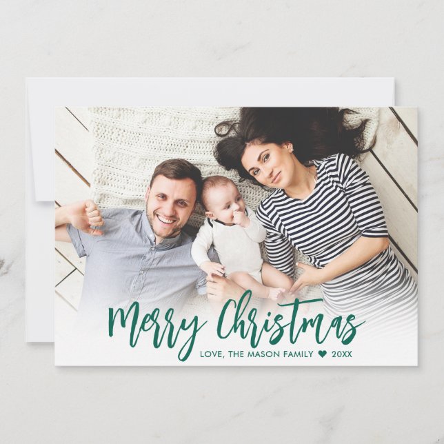 Modern Green Script Simple 2 Photo Christmas  Holiday Card (Front)