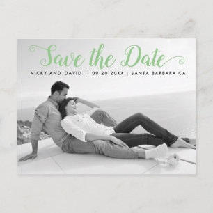 Modern green script wedding Save the Date photo Postcard