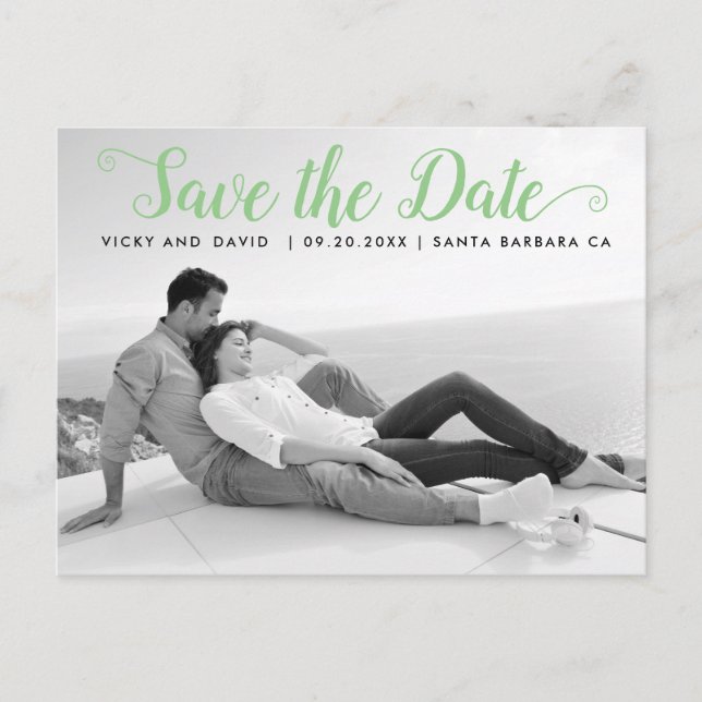 Modern green script wedding Save the Date photo Postcard (Front)