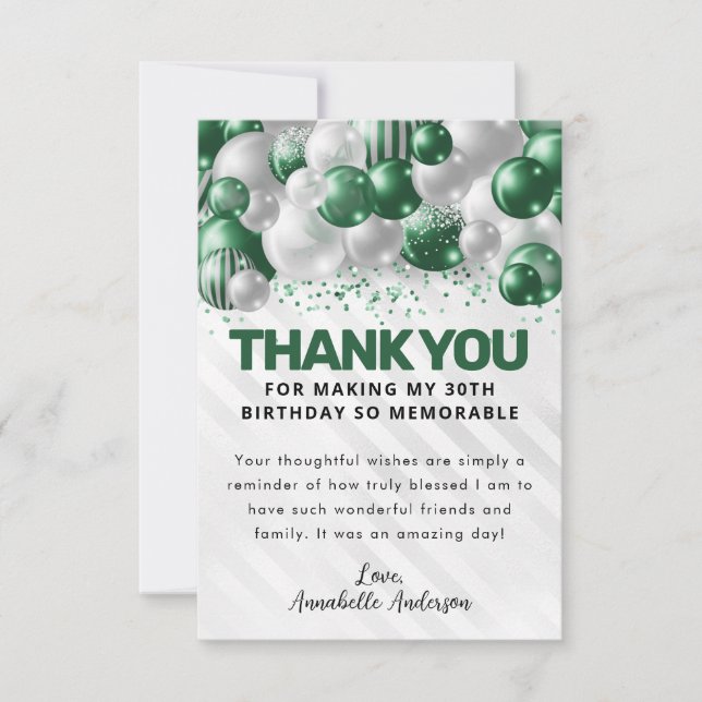 Modern Green Silver Balloon Glam Glitter Birthday Thank You Card (Front)