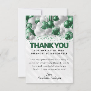 Modern Green Silver Balloon Glam Glitter Birthday Thank You Card
