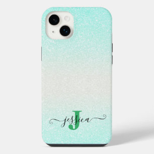 Modern Green Silver Ombre Glitter Monogrammed iPhone 14 Plus Case