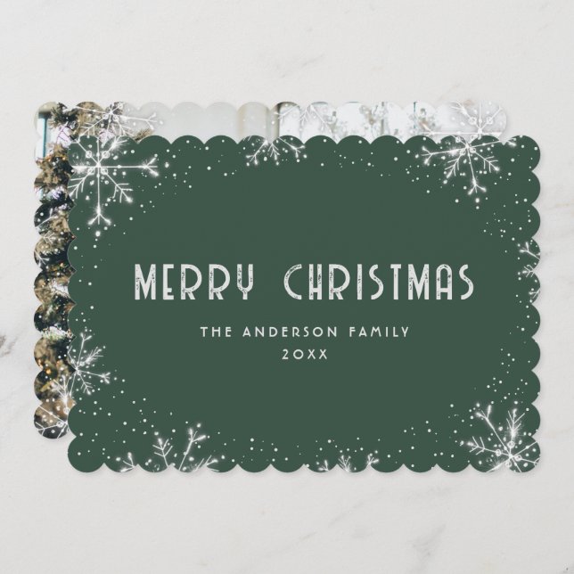 Modern Green Silver Snowflake Photo Christmas Card (Front/Back)
