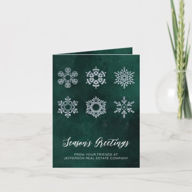 Modern Green Silver Snowflakes Business Holiday Card (Front)